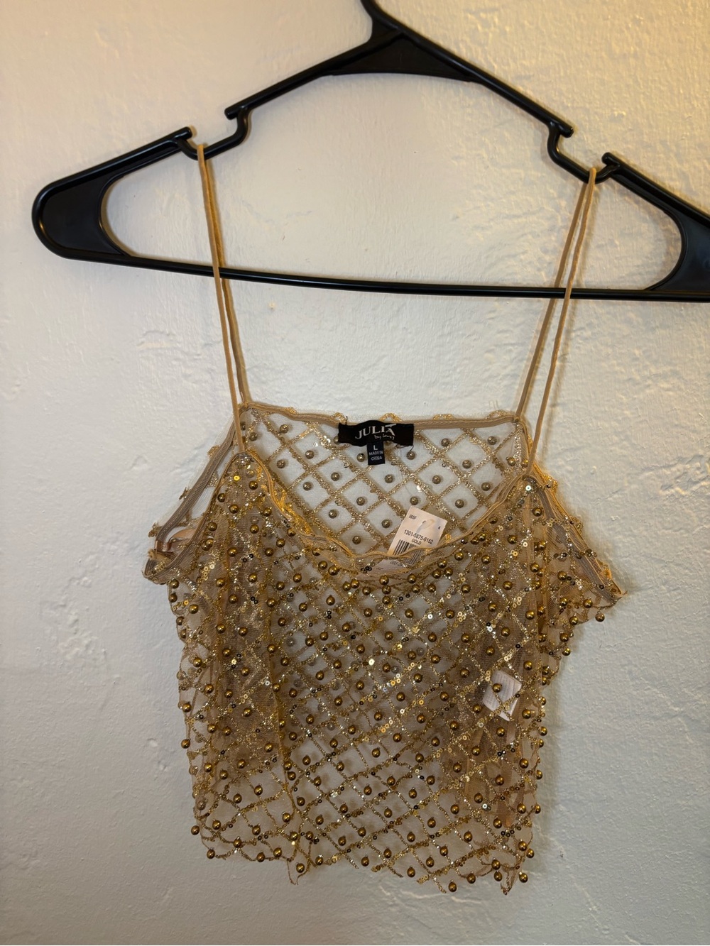 Julia by Love J gold sequin beaded mesh crop top
